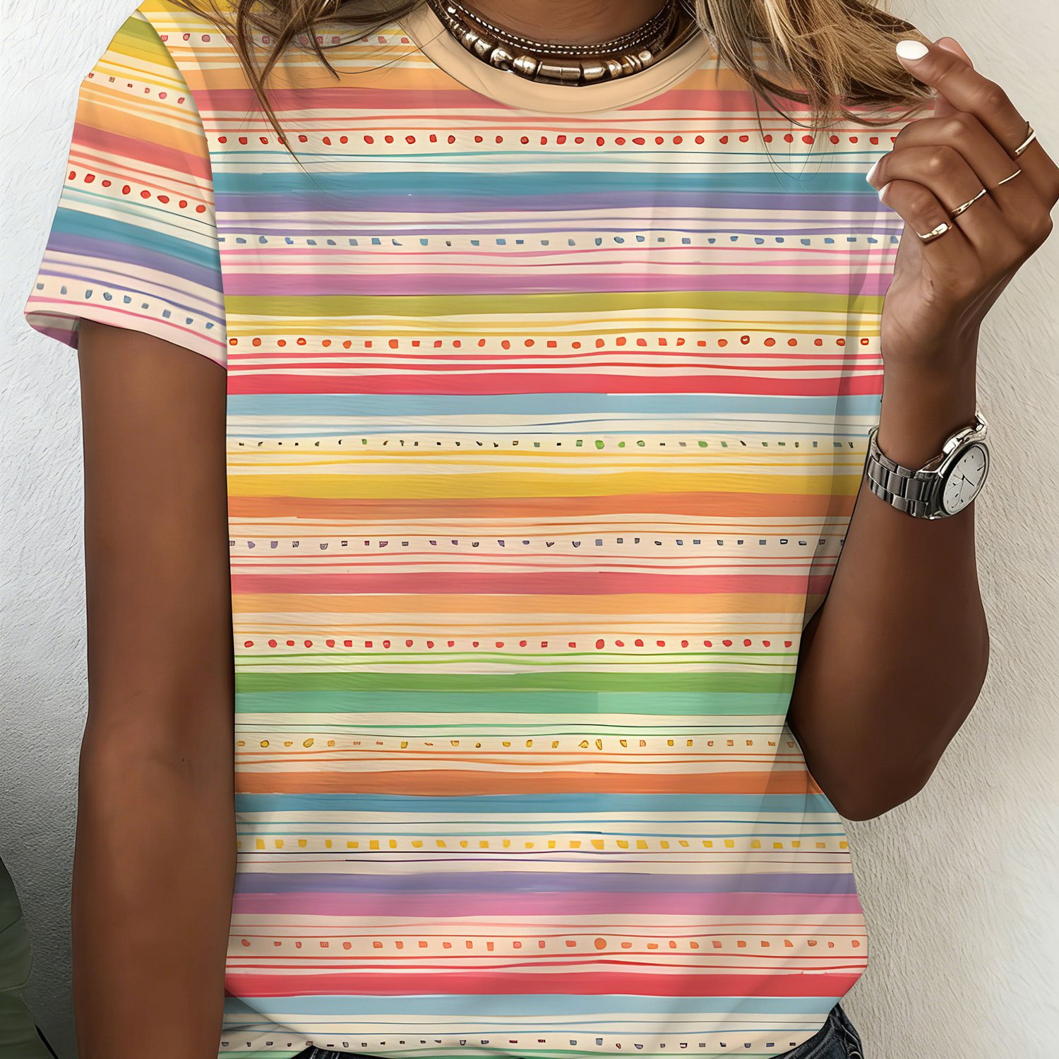 TEMU Summer Women's Individual Striped Round Neck Short Sleeve T-shirt, Fashion Casual - Basic Versatile Style
