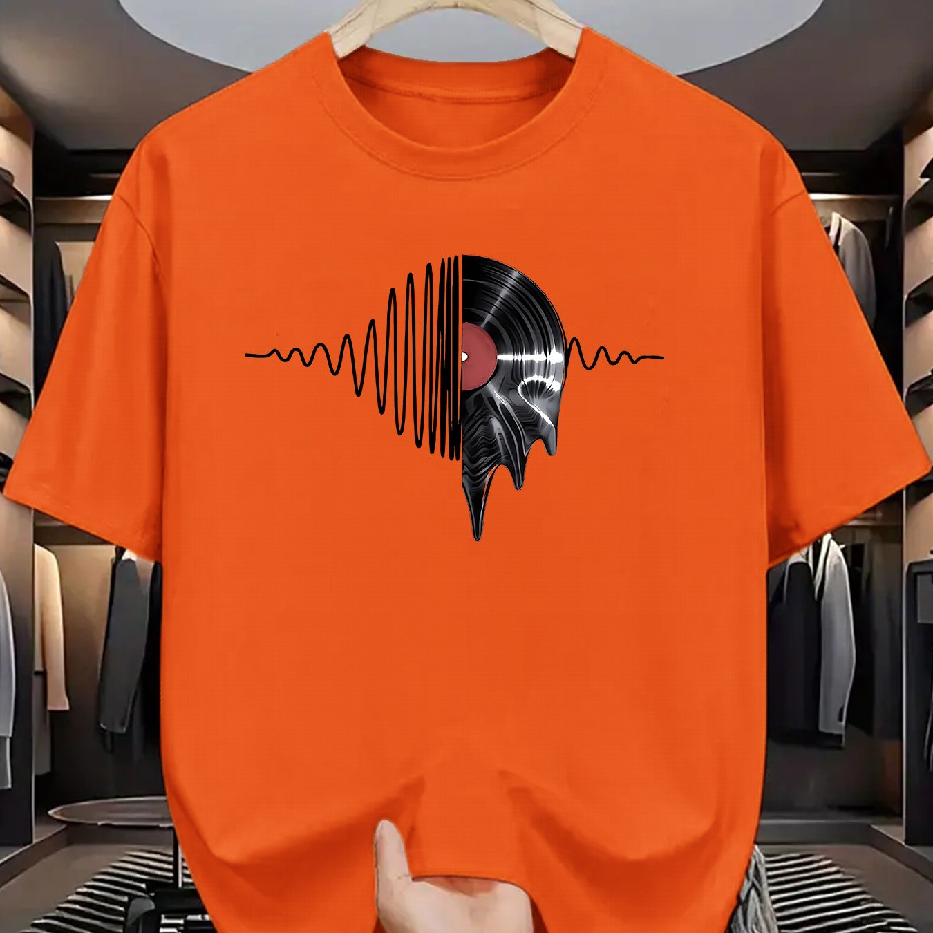 TEMU Men's Casual Summer Graphic T-shirt - Short Sleeve, Round Neck, Stretch Fabric, Vinyl Record Print, Dark Blue, Lightweight & Breathable For