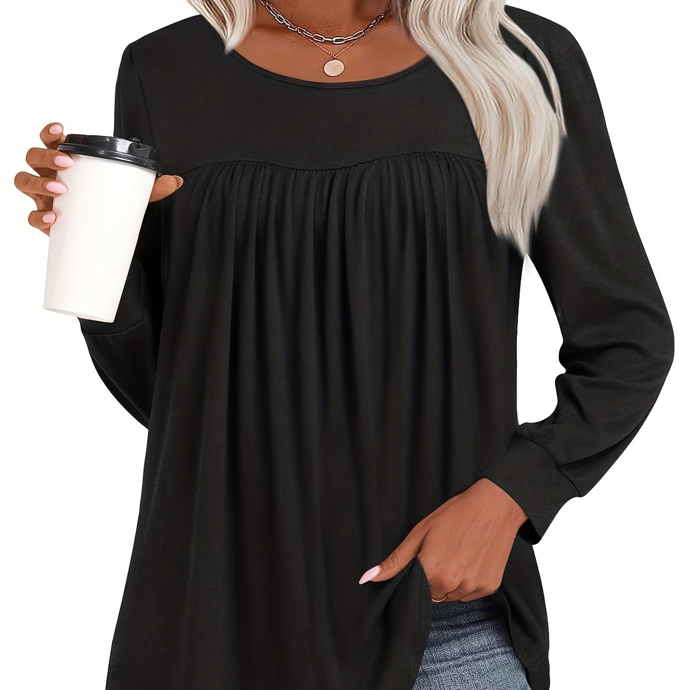 Image of Plus Size, Elegant Plus Size Women's Long Sleeve Casual Blouse With Round Neckline And Pleated Front Comfortable And Versatile