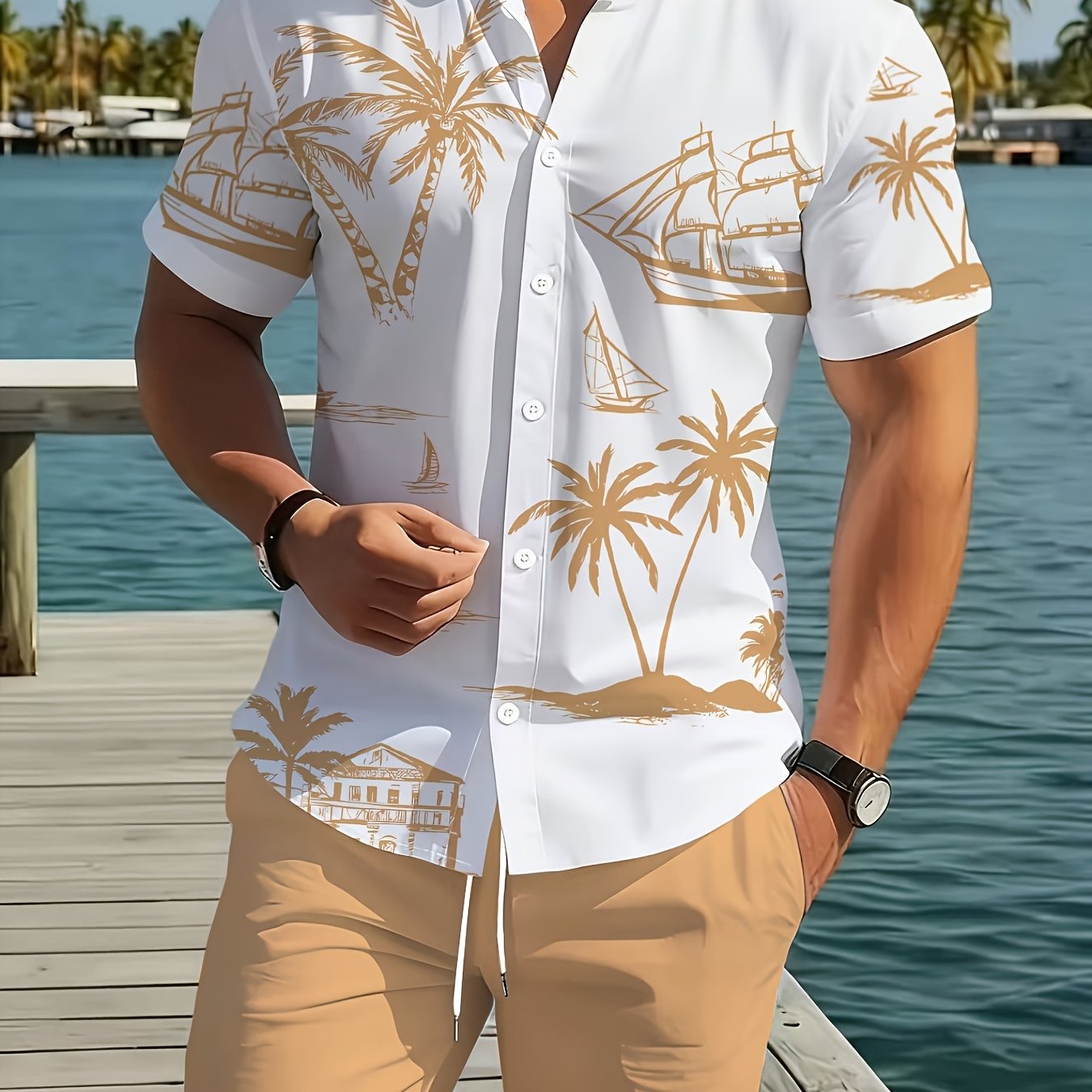 TEMU 2pcs Summer Casual Daily Men's Shirt And Shorts Set, Hawaiian Print Pattern, Suitable For Outdoor Sports, Men's Beach Shorts Casual Crew Neck