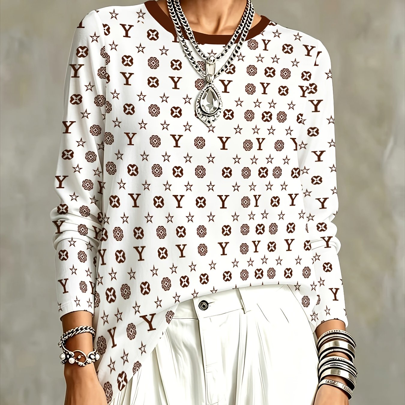 TEMU [printed Design - Not Textured] - 1pc, Fashionable Letter Print Women's Long Sleeve Top, Versatile, Loose Fit,, Casual, Trendy, Daily Wear,