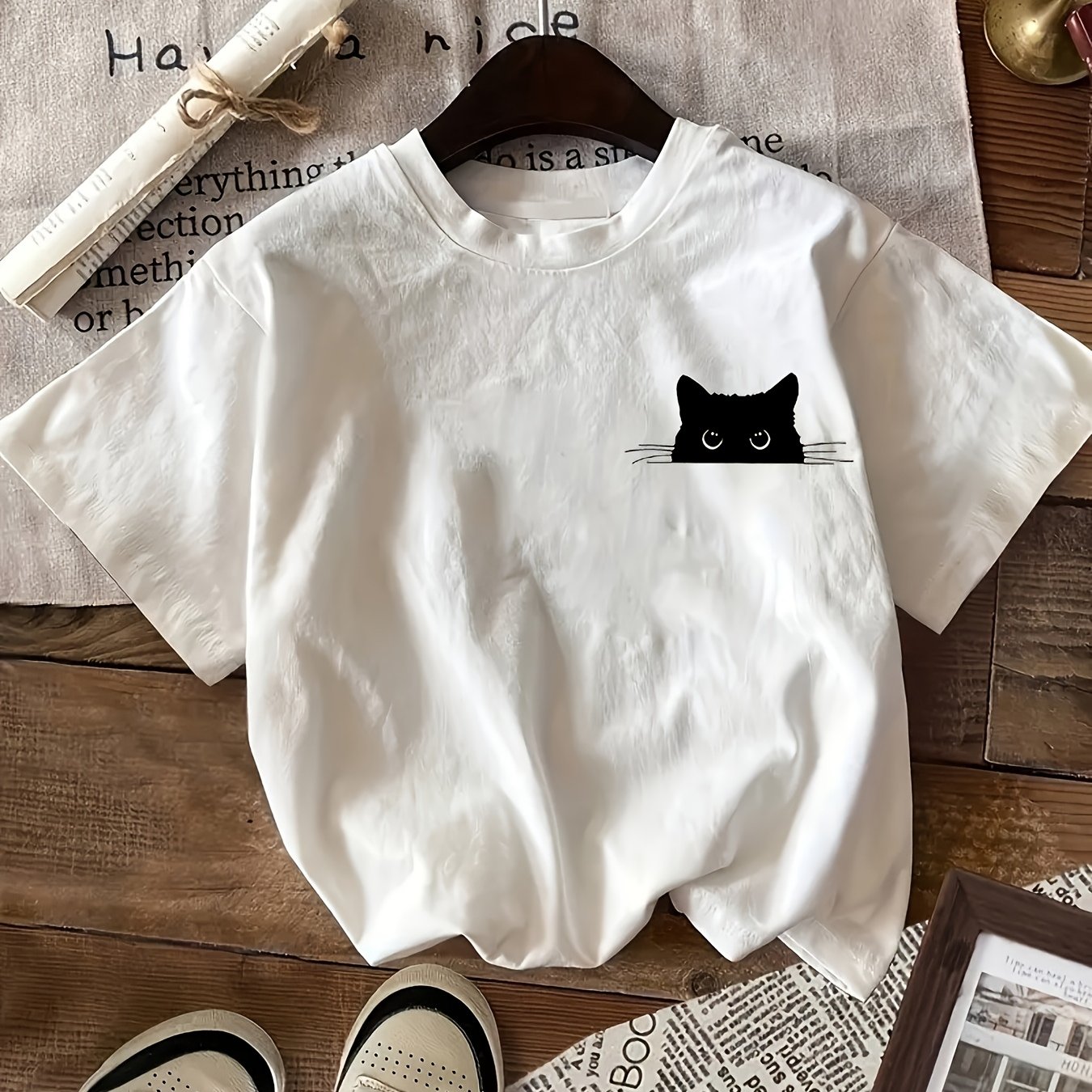 TEMU Women's Semi-sheer Short Sleeve T-shirt With Front Peeking Cat Print - Round Neck Blouse-compatible Top | Machine Washable Spring Summer Blouse