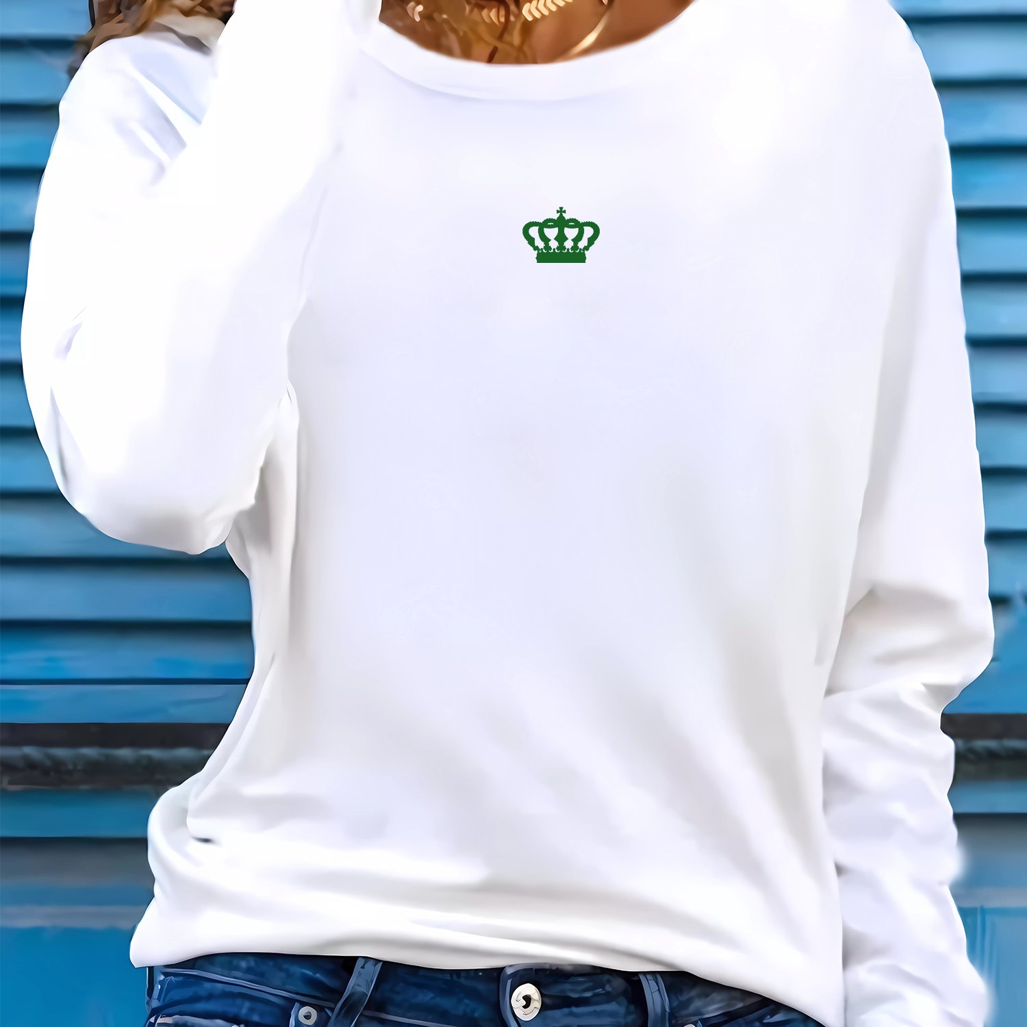 Crown Print T-shirt - Long Sleeve Athletic Casual Round Neck Top - Fall Winter Women's Clothing