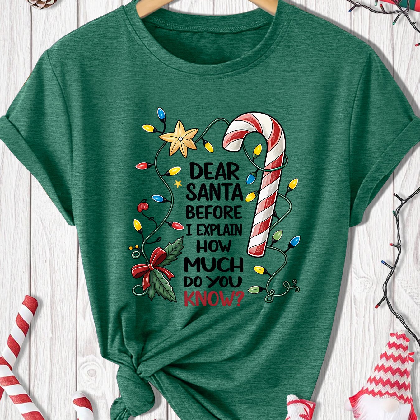 TEMU [christmas] Women's Elegant Size Short Sleeve Gift Christmas Light Cane Print Round Neck Casual Sports T-shirt, Suitable For Spring, Summer,