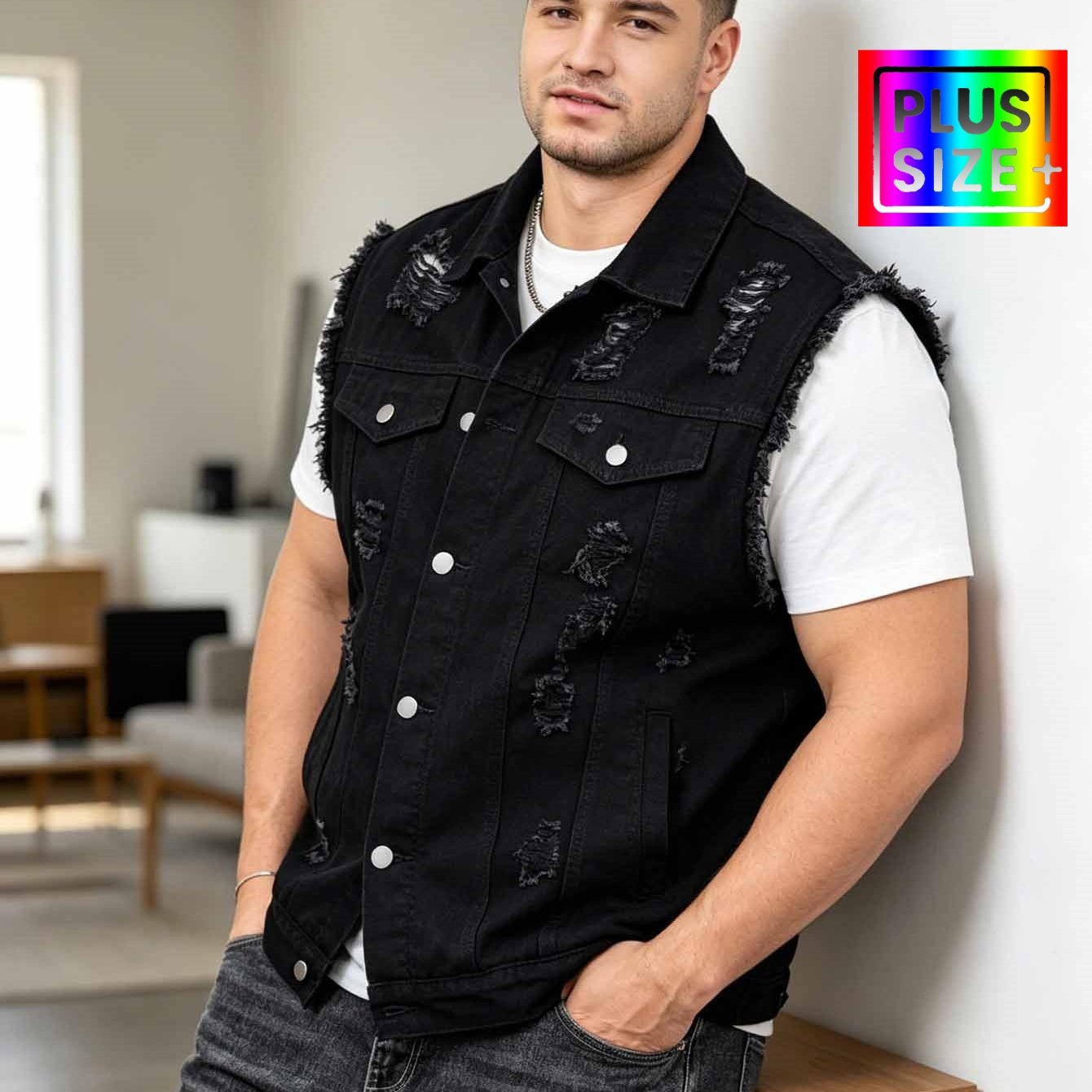 Hme- Oversized Men's Denim Vest - Solid Black, Distressed, Ripped, And Frayed Edges, Sleeveless Vest, American Streetwear Workwear Top, Durable And Sturdy Fabric, Versatile Layering Piece, Plus Size
