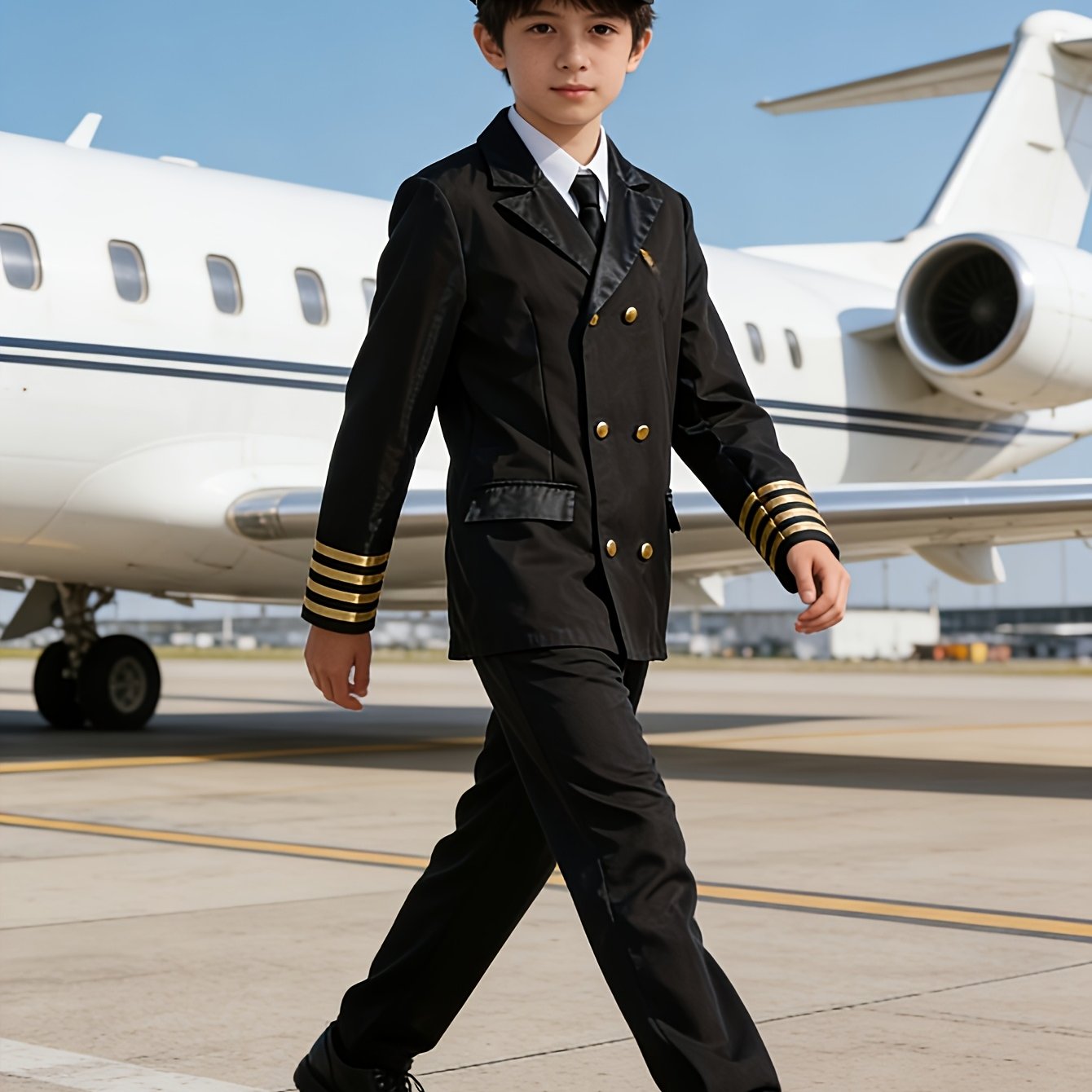 Image of Boys' 3pcs Captain Costume Set: Top, Jacket & Hat. Classic Airline Captain Uniform Outfit, Ideal For Carnival, Halloween, Holiday Parties And Stage Performances.