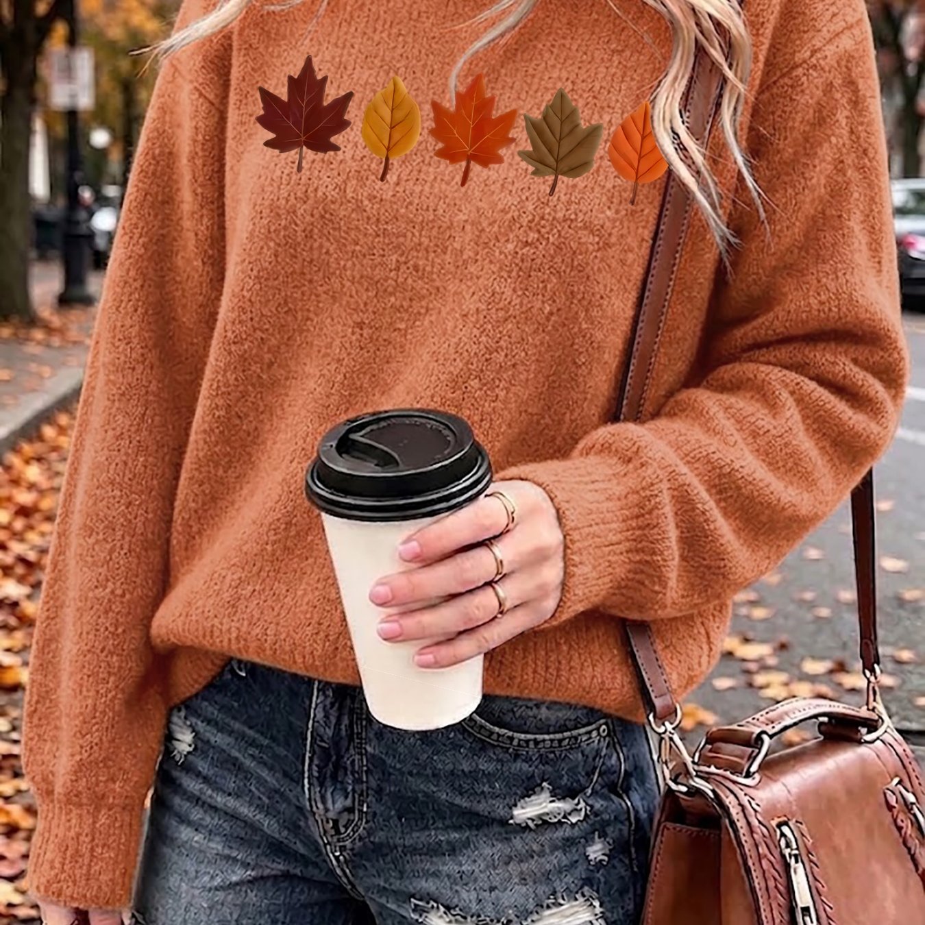 TEMU Maple And Ordinary Falling Leaves Pattern Autumn Winter Beautiful Elegant Fashion Women's Sweater Thickened Soft Warm Cute Wearable Ladies