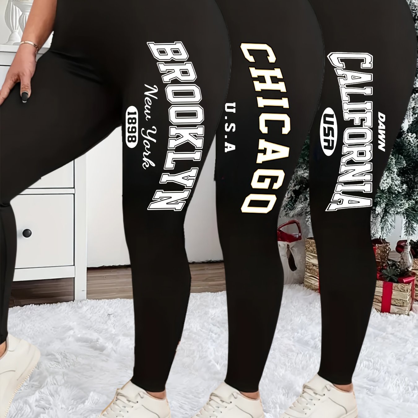 TEMU Plus Size - Plus Size - Christmas Set Of -size Pants, Women's Plus-size Printed Stretchy High-waisted Long Leggings