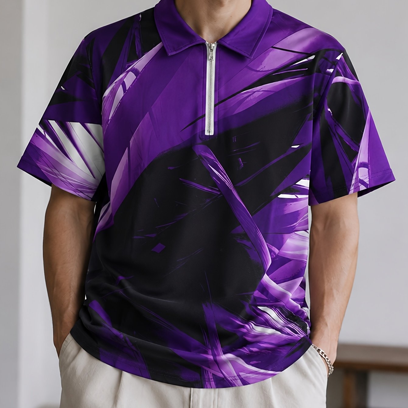 Men's Short Sleeve Lapel Shirt With Half-zip, Purple Iridescent Geometric Twill Top