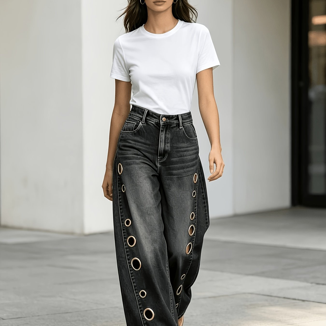 Image of Vintage Cutout Wide Leg Jeans. Distinct Gradient Metal Eyelet Hollow Details Along Sides. Washed Black-gray Denim, High Waist Loose Fit. Metalringjeans #streetwear #y2kstyle, -catching Streetwear.