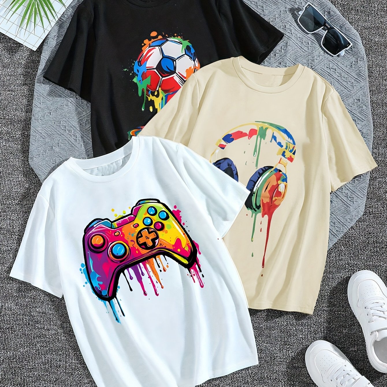 E-shop 3er-Set Kurzarm-T-Shirts mit Spielekonsolen-Print, schnelltrocknendes Tee für Jungen im Frühling und Sommer, reguläres Halbarmshirt für Jungen
