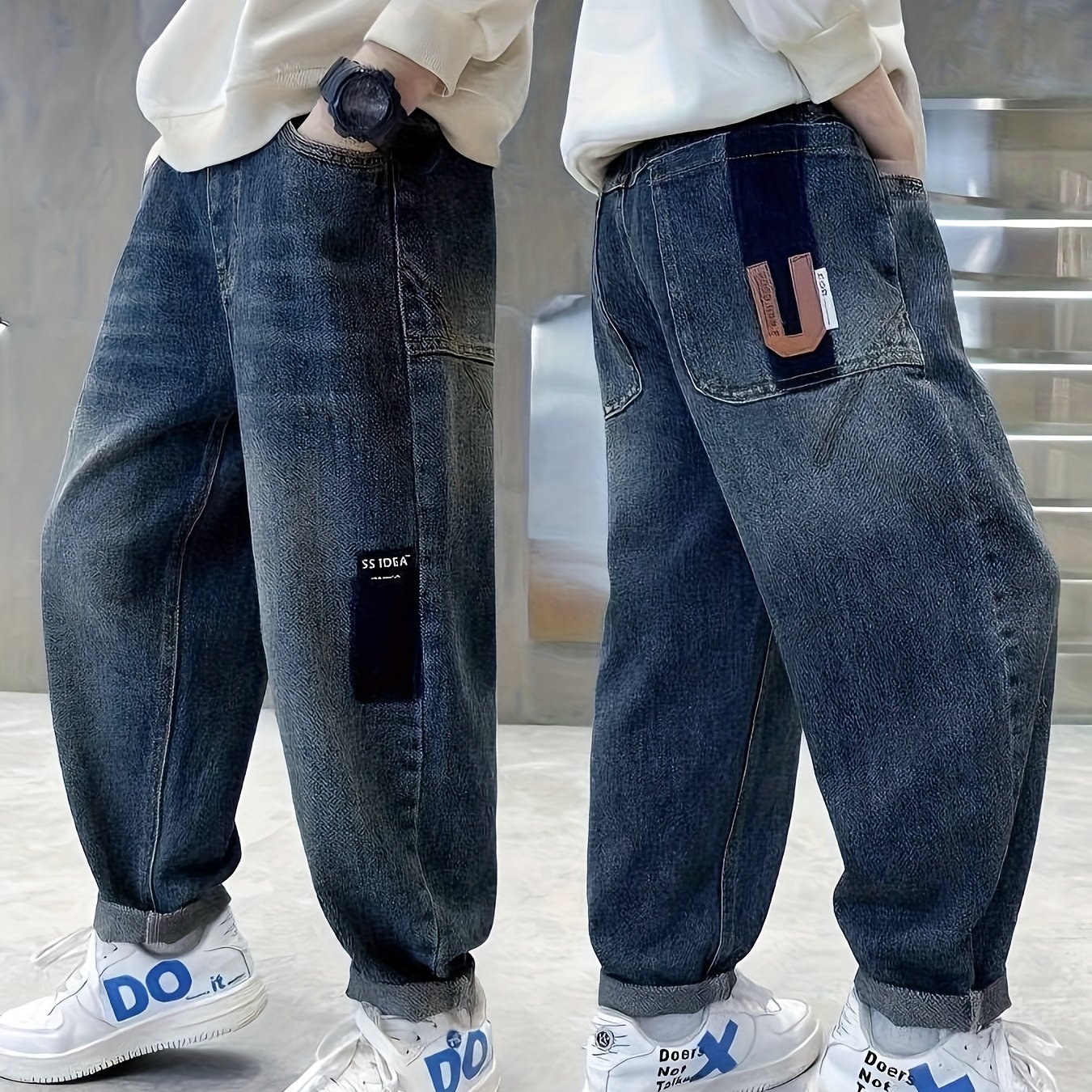 Image of Boys' Loose Whisker Stripe Jeans - Trendy Stretch Denim Pants, Perfect Christmas Gifts For Spring Summer & , Outdoor Street Skateboarding & Rollerblading
