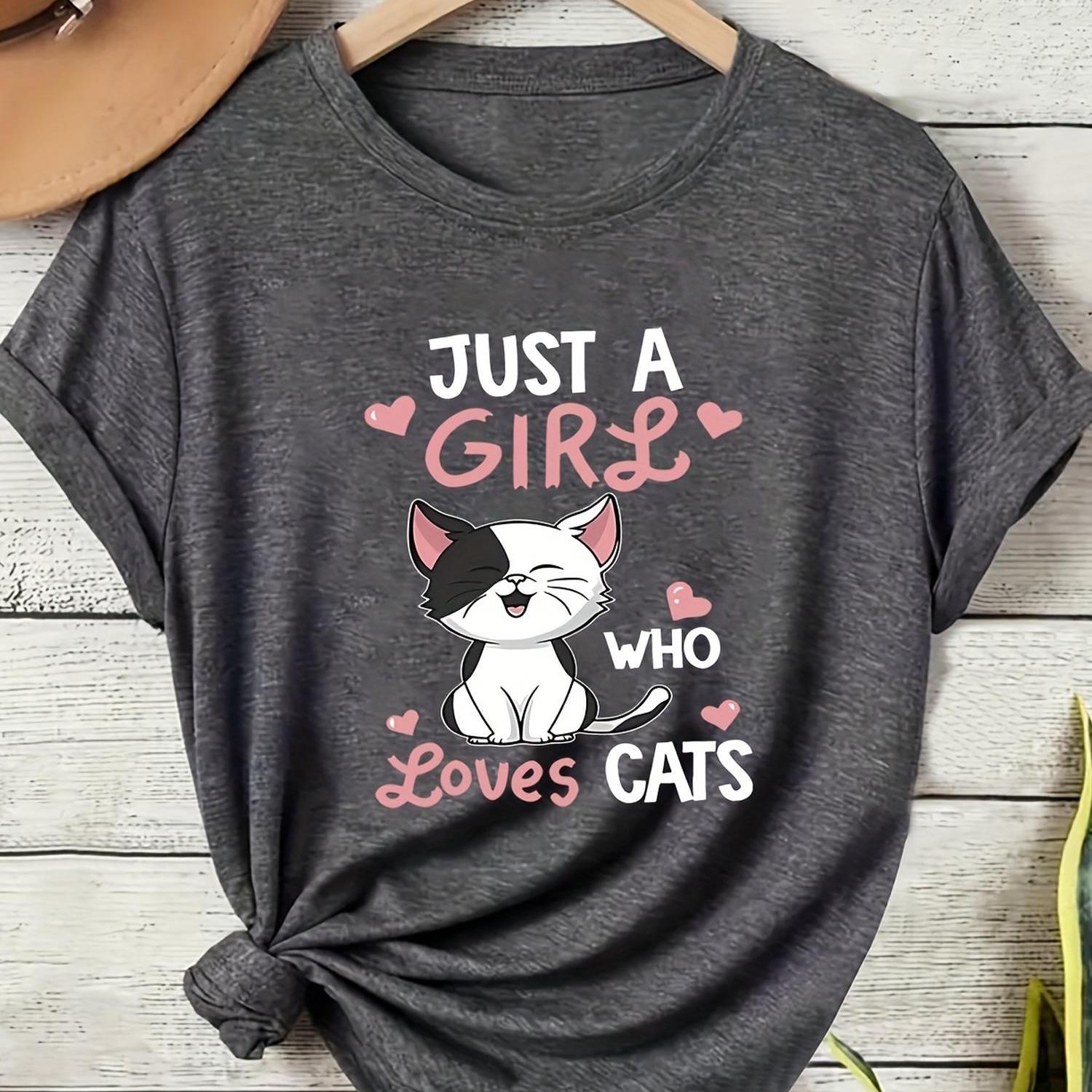 TEMU Women's Casual Cat Lover Graphic Tee - Cute Cartoon Kitten With Hearts & "just A Who Cats" Text, Round Neck Short Sleeve Top, Machine Washable