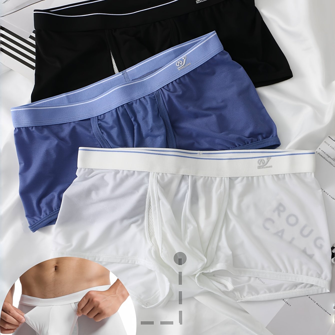 TEMU 3pcs Boxers en Respirante pour Hommes - Séchage Rapide, Tissu Extensible, Shorts de Sport & Décontractés , Bleu, Blanc avec Taille Élastique