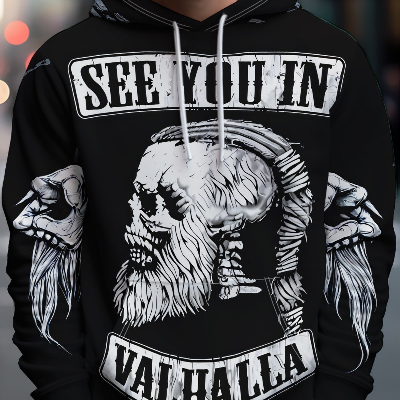 TEMU Men's Hooded Sweatshirt With Viking Skull Print, Sporty Trendy Casual Top, Polyester Fiber Sweatshirt For Daily Wear