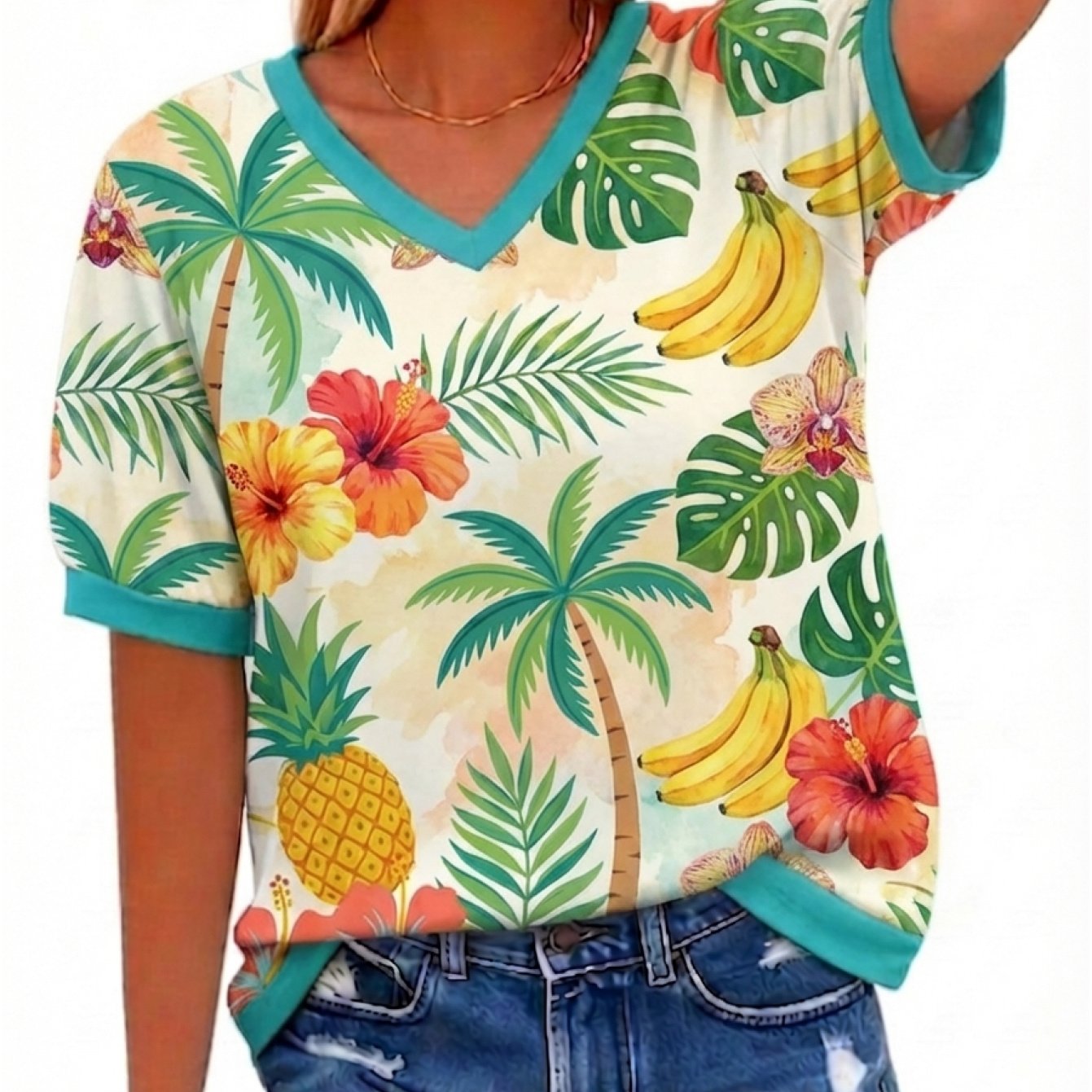 TEMU Plus Size, Essential For Island Vacations! Tropical Fruit And Floral Print T-shirt - Teal Colorblock Trim,, Versatile, Casual Women's Wear,