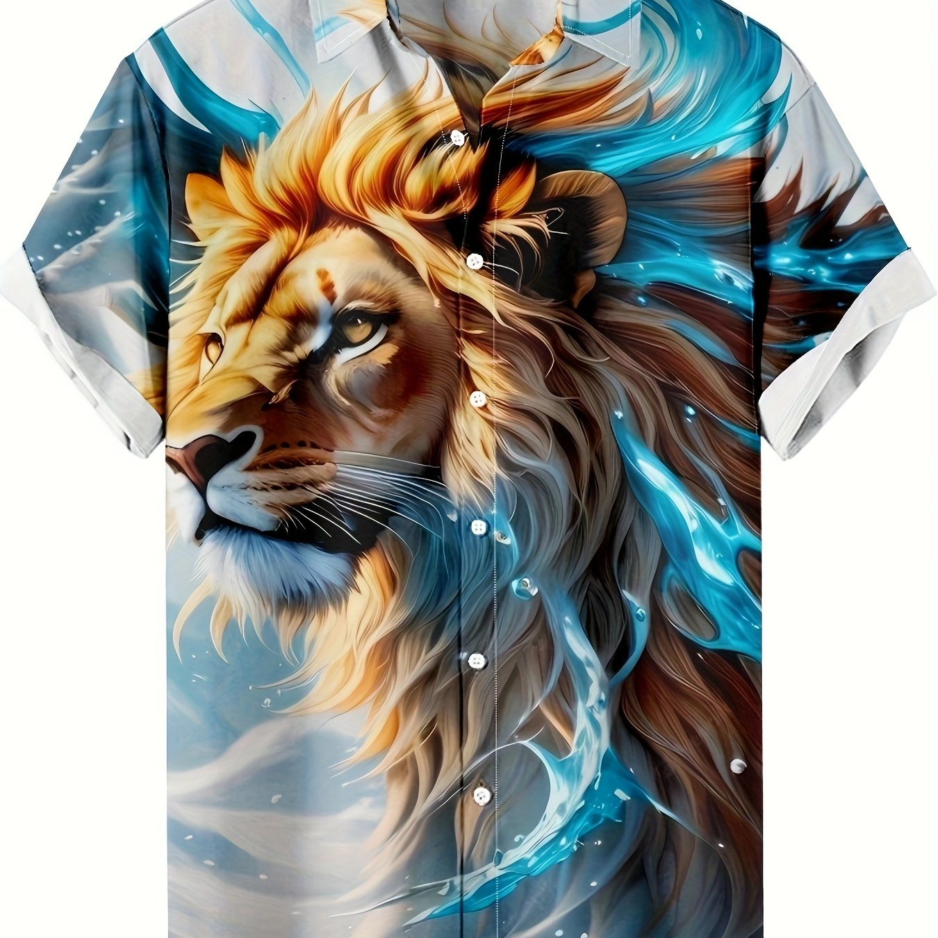 TEMU Men's Hawaiian Shirt - Featuring A Golden, , And White Lion Pattern - Short-sleeved Button-up, Perfect For The Beach, Parties, And Everyday Wear