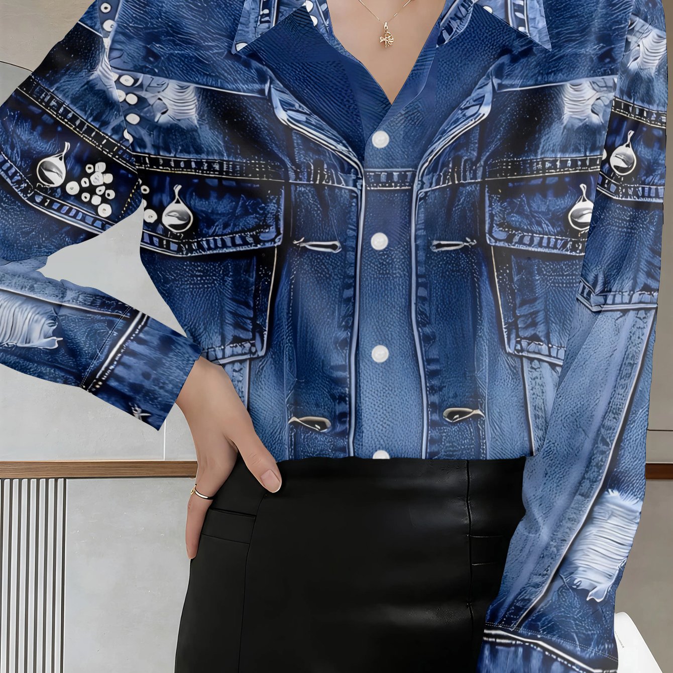 TEMU Women's Casual Button-up Shirt With Blue Denim Pattern, Studded Beaded Ripped , Short Sleeve Summer Top