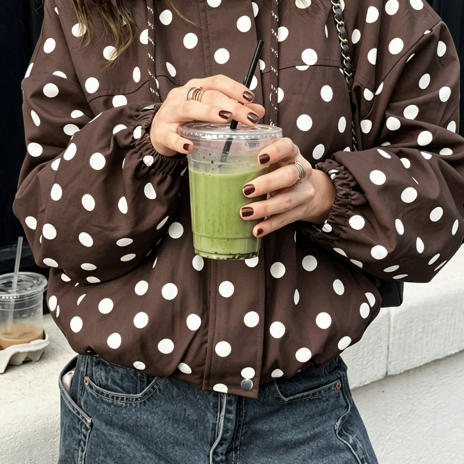 TEMU Women's Casual Jacket, Style Pink And Black Polka Dot Hooded Outerwear, A Streetwear Must-have, Versatile, , And Flattering, Suitable For Daily