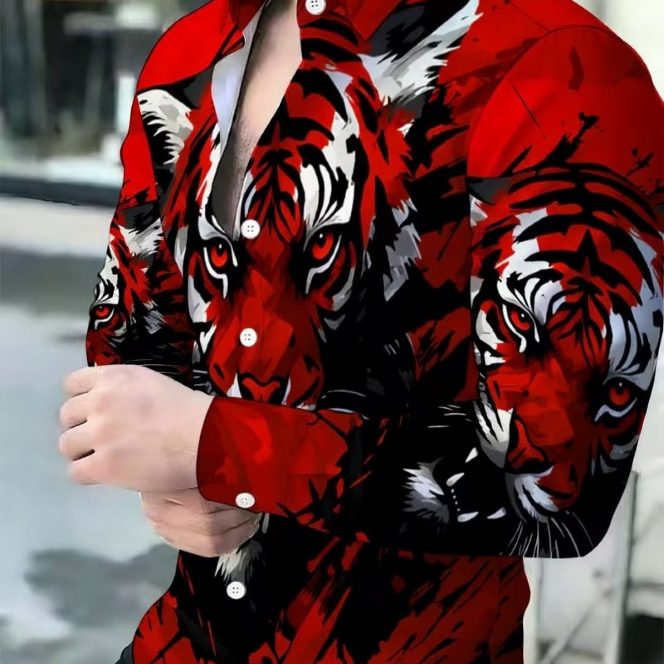 TEMU Men's Cool Tiger Print Shirt, Fashionable Red Long-sleeve Shirt, Style Top