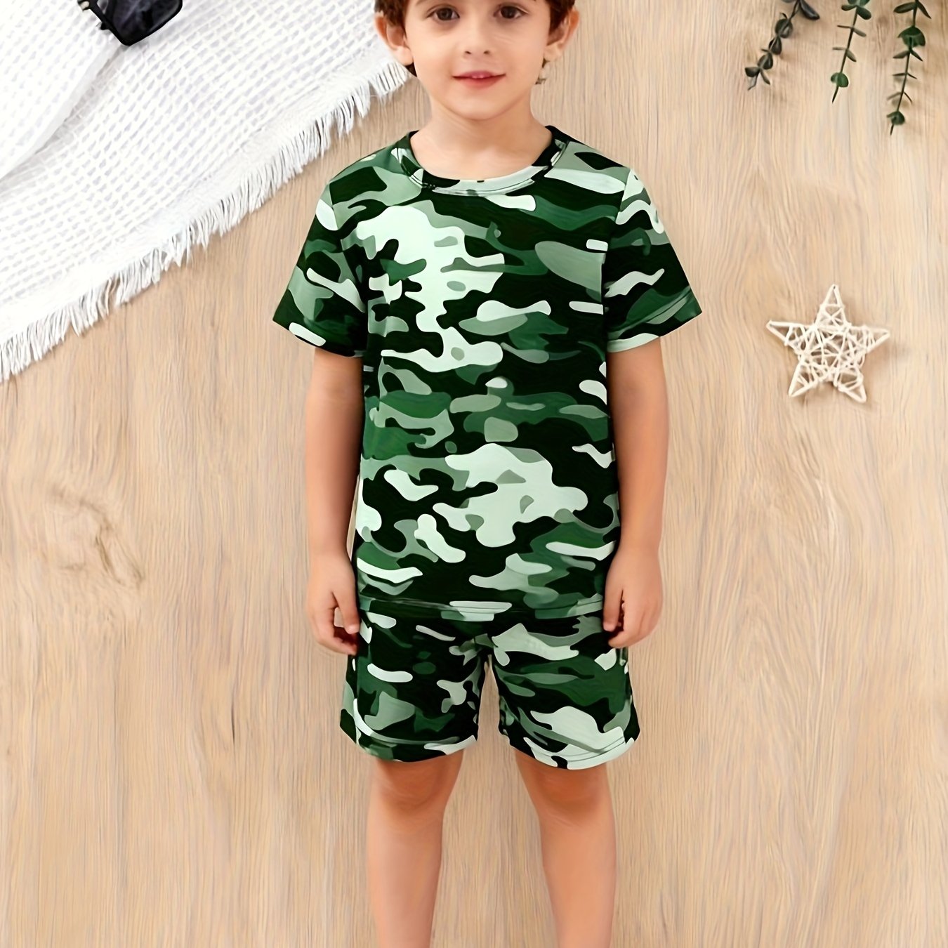 Image of 2pcs Boys' Camouflage Print Short Sleeve Crew Neck Pullover + Camouflage Full-print Fashion Casual Shorts, Perfect For Outdoor