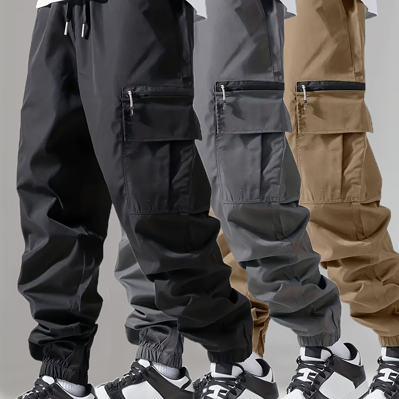 TEMU 3 Pcs Men's Loose Solid Cargo Pants With Multi Pockets, Causal Drawstring Joggers For All Outdoor Activities