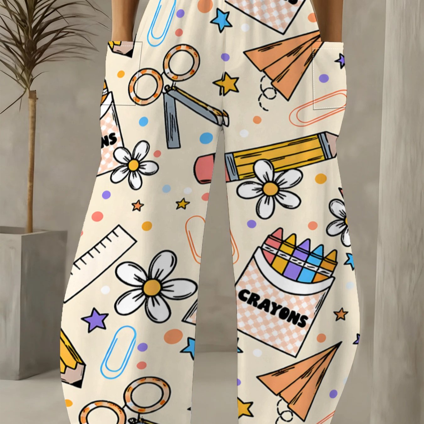 TEMU Women' Size Cartoon Stationery Wide-leg Pants, Full Print Of Crayons, Scissors And Small Daisies, Loose, Figure-flattering& Retro Casual Pants