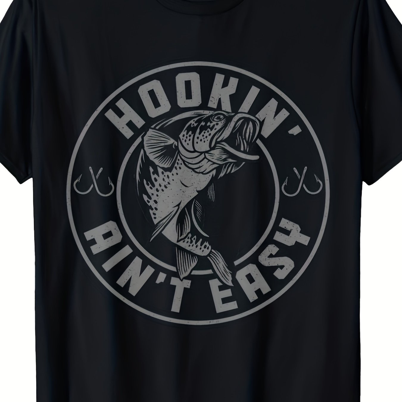 TEMU Men's Vintage Style T-shirt With The Theme "fishing Easy" - In Plus Sizes And Extra Long, Featuring A Black And Design, Short Sleeves, Round
