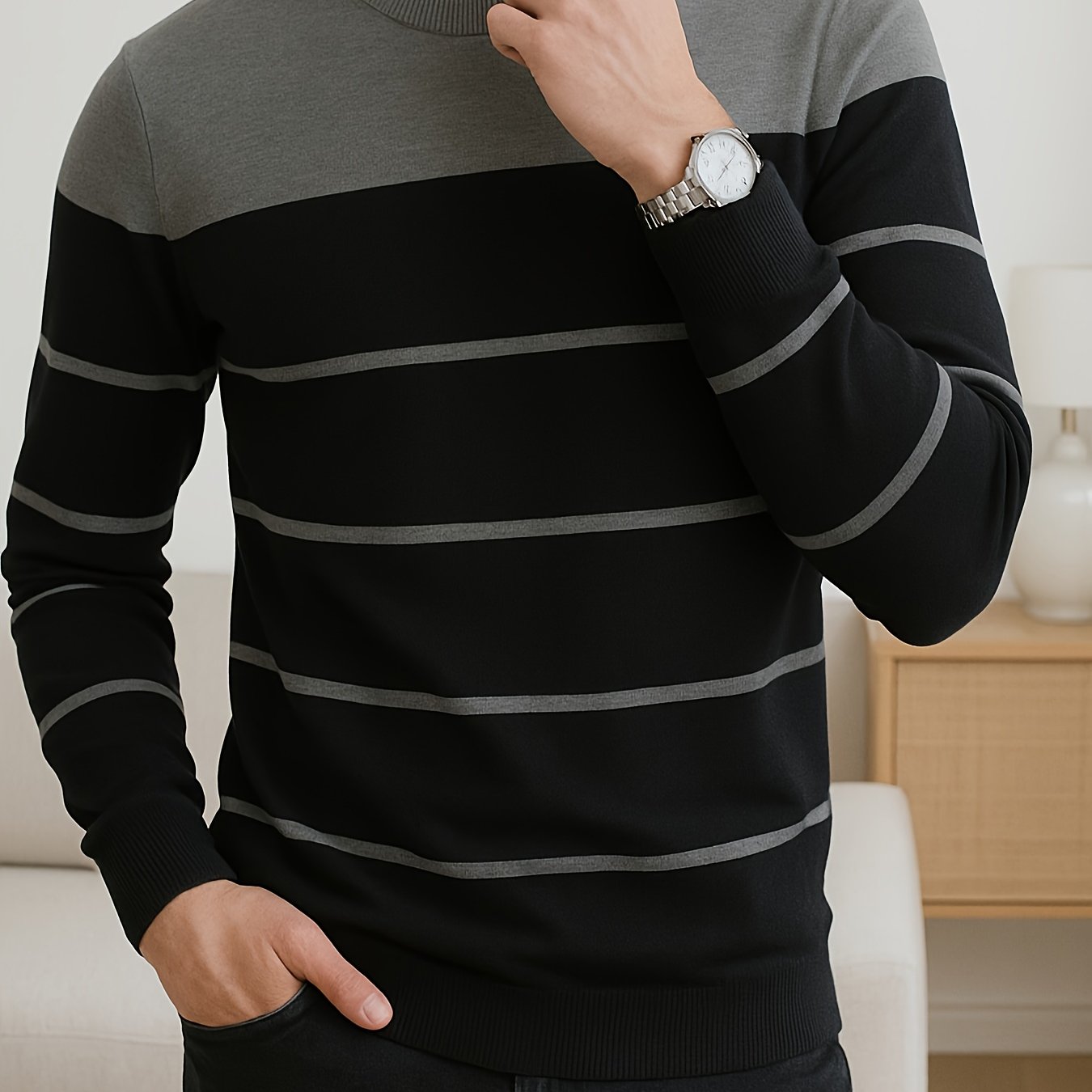 TEMU Pull à rayures coupe slim pour homme, nouveau pull tricoté à col ras du cou chaud et pour /hiver, manches longues, style décontracté streetwear