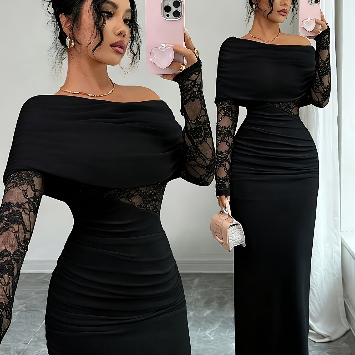 TEMU Robe longue moulante plissée noire avec doublure en dentelle et châle