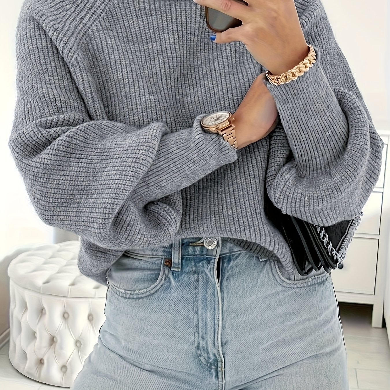 TEMU Autumn Sweater Women's Sweater Solid Color Casual Easy Commuter Sweater High Neck Pullover Sweater High Quality Exquisite Sweater Elegant Party