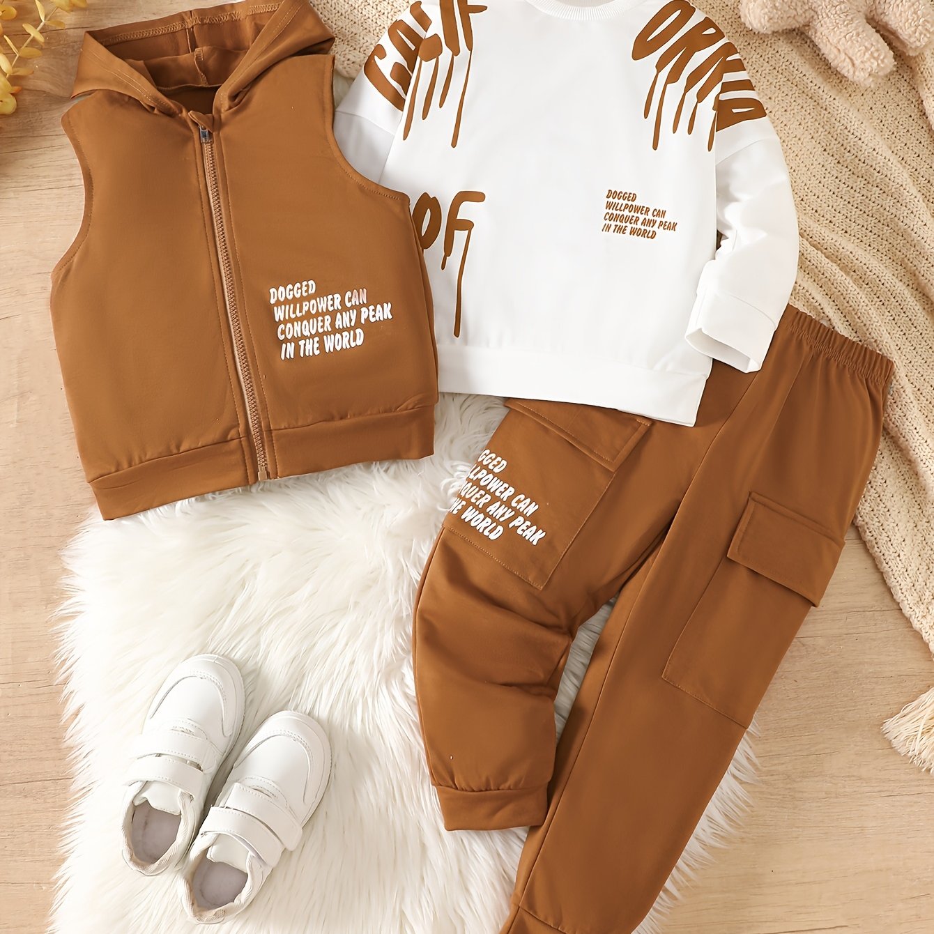 TEMU 3pcs Fashion Letter Set, Sleeveless Hooded Letter Vest, Letter Print Top, And Side Pocket Letter Print Long Pants, Casual Fashion Outfit, Suitable For Spring And Autumn Wear, For Outdoor