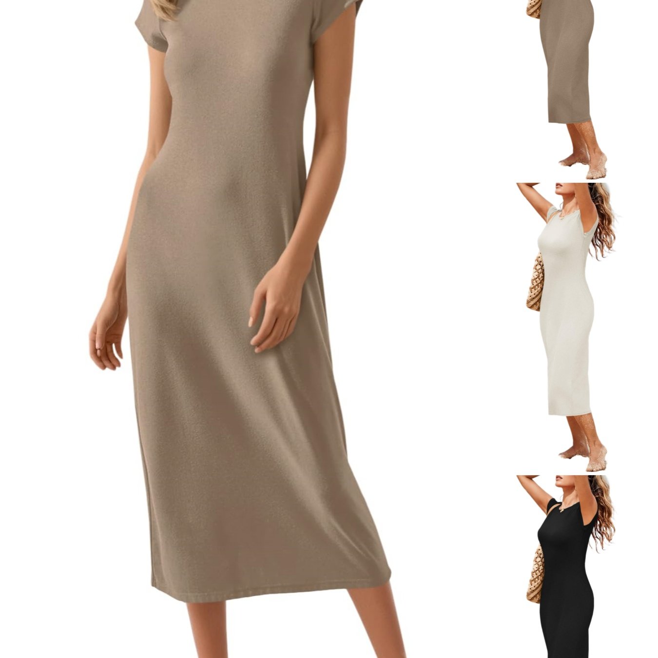 Image of Women's Oversized Short Sleeve T-shirt Dress - Loose Fit Midi Length Dress With Crew Neck, Solid Color Basic Blouse Style Dress Suitable For Spring Summer Casual Wear, Machine Washable Tunic Dress