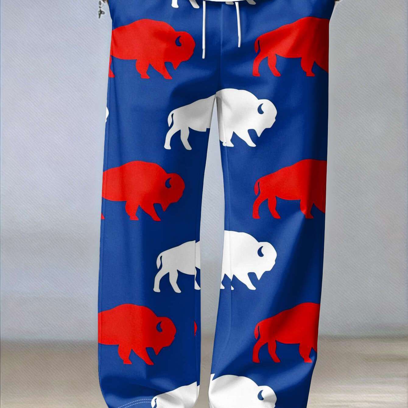TEMU Nouveau pantalon décontracté pour hommes, bleu de base, motif alternatif rouge et blanc , impression plate, haut décontracté polyvalent pour les