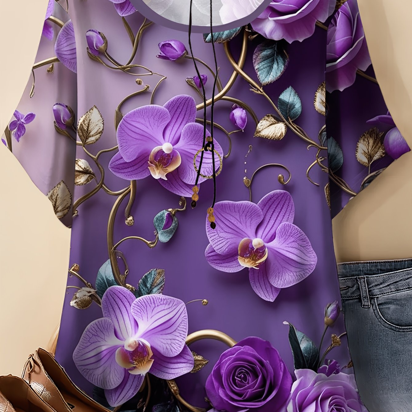 TEMU Plus Size - Women's Plus Size Short Sleeve, Purple Floral Round Neck Top, Suitable For Spring Summer, Fashionable Vacation Daily Versatile Top