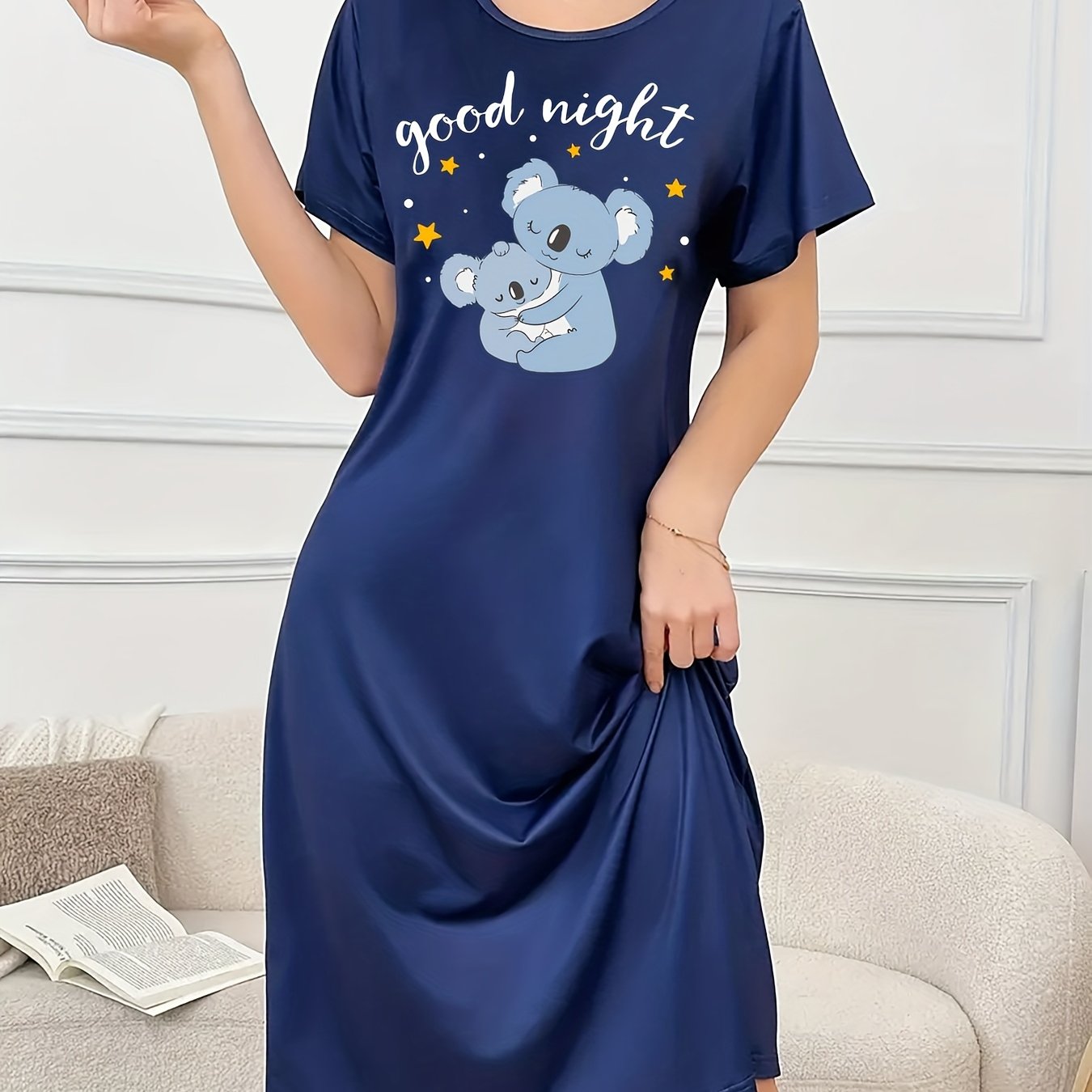 TEMU Women's Casual Comfortable Easy Style Nightgown, Round Neck, Soft Women's Nightgown, Suitable For Spring Summer