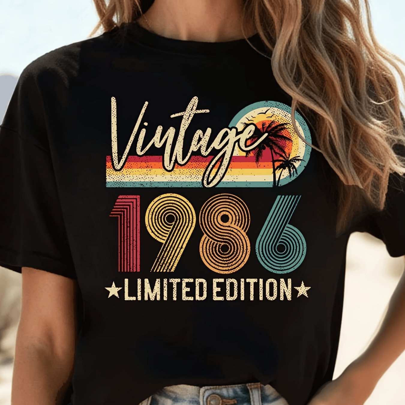 TEMU T-shirt stampata a maniche corte casual, limitata 1986 Palma, regalo per il 40簞 compleanno 1986, estivo e primaverile, , abbigliamento da donna