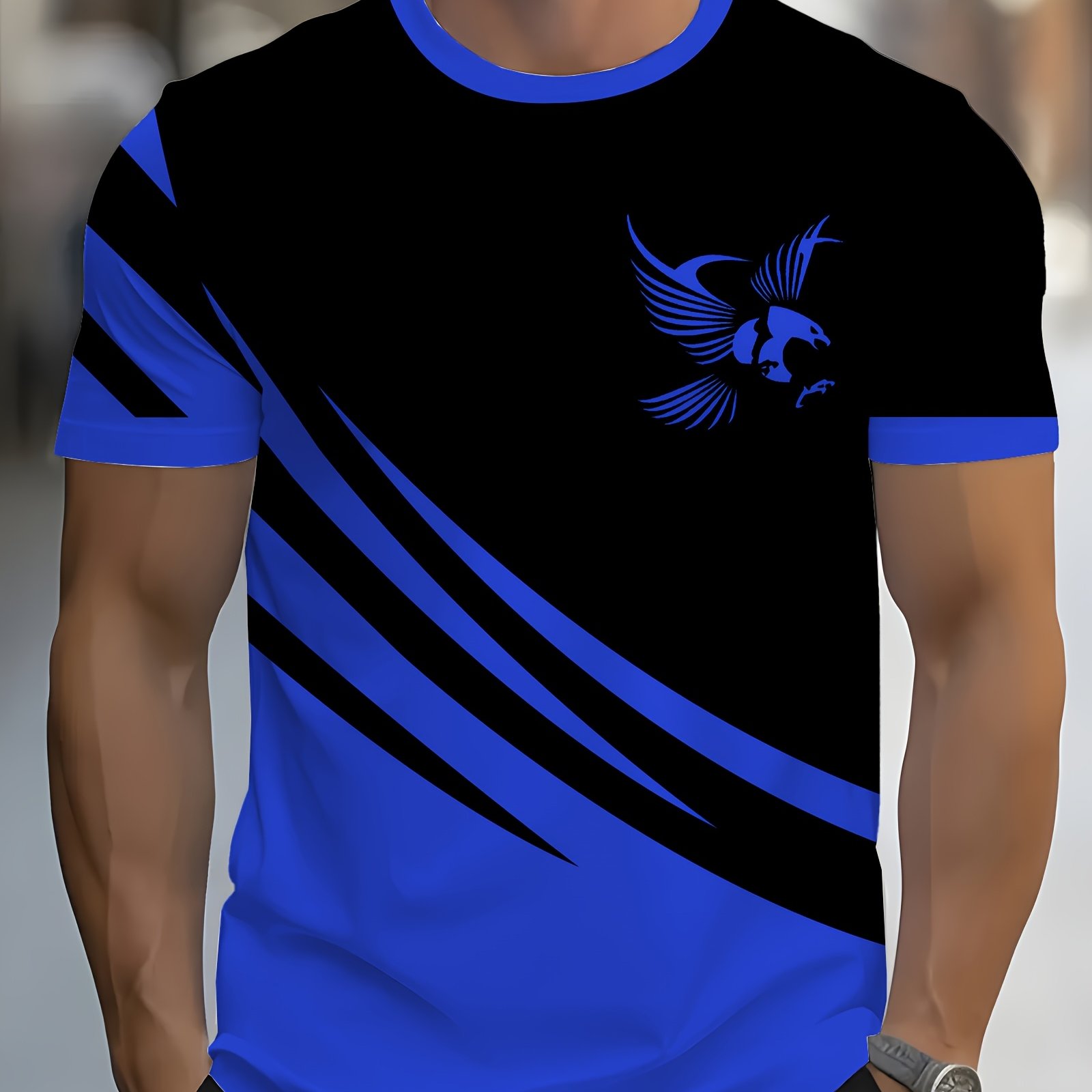 Summer Black Blue Irregular 3d Print Eagle Logo Pattern Men's T-shirt, Fashion Outdoor Sports Tee, Round Neck, Short Sleeve, Breathable Fiber!