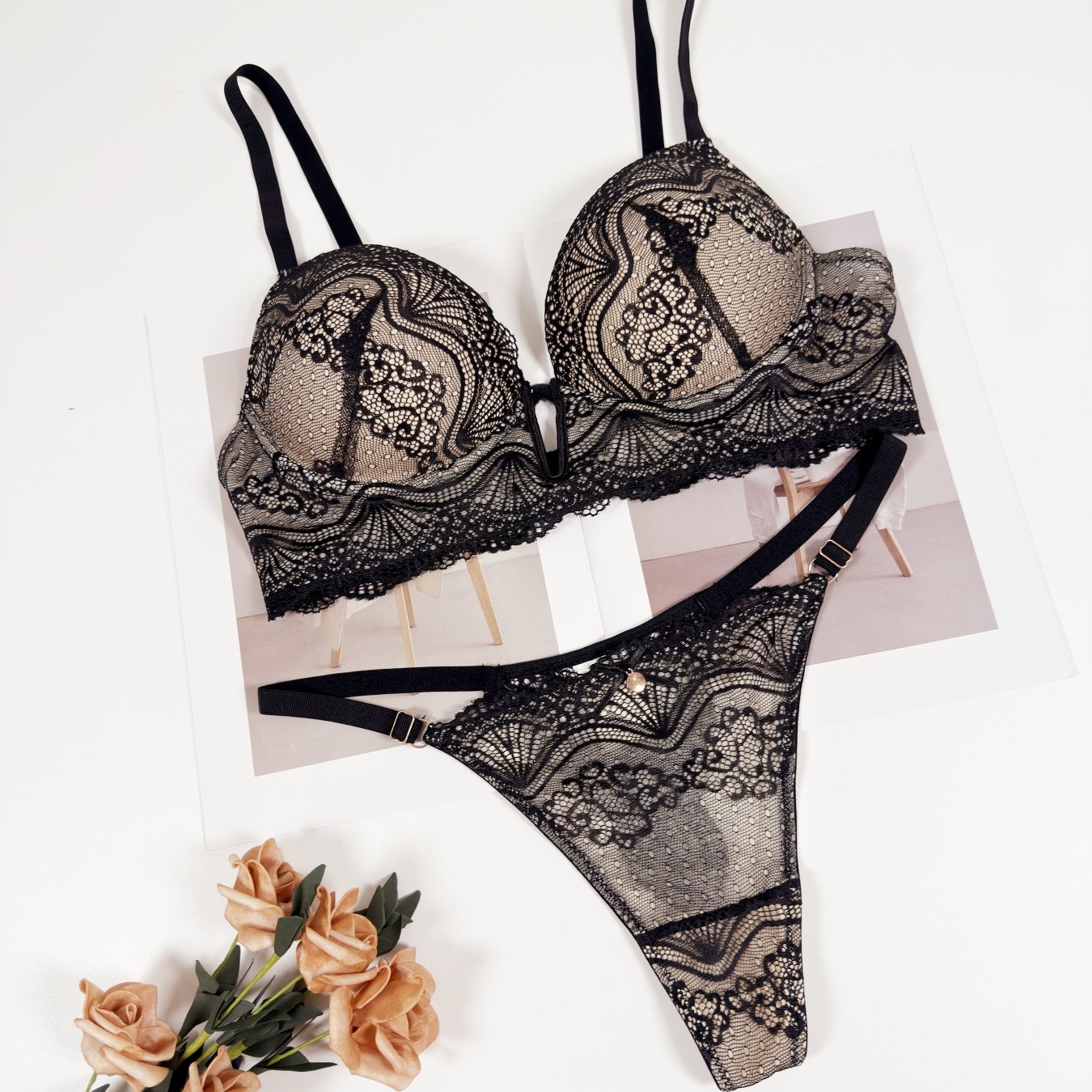 TEMU Ensemble soutien-gorge et culotte 1 pièce, soutien-gorge push-up à armatures en patchwork de dentelle avec rembourrage non amovible, culotte à