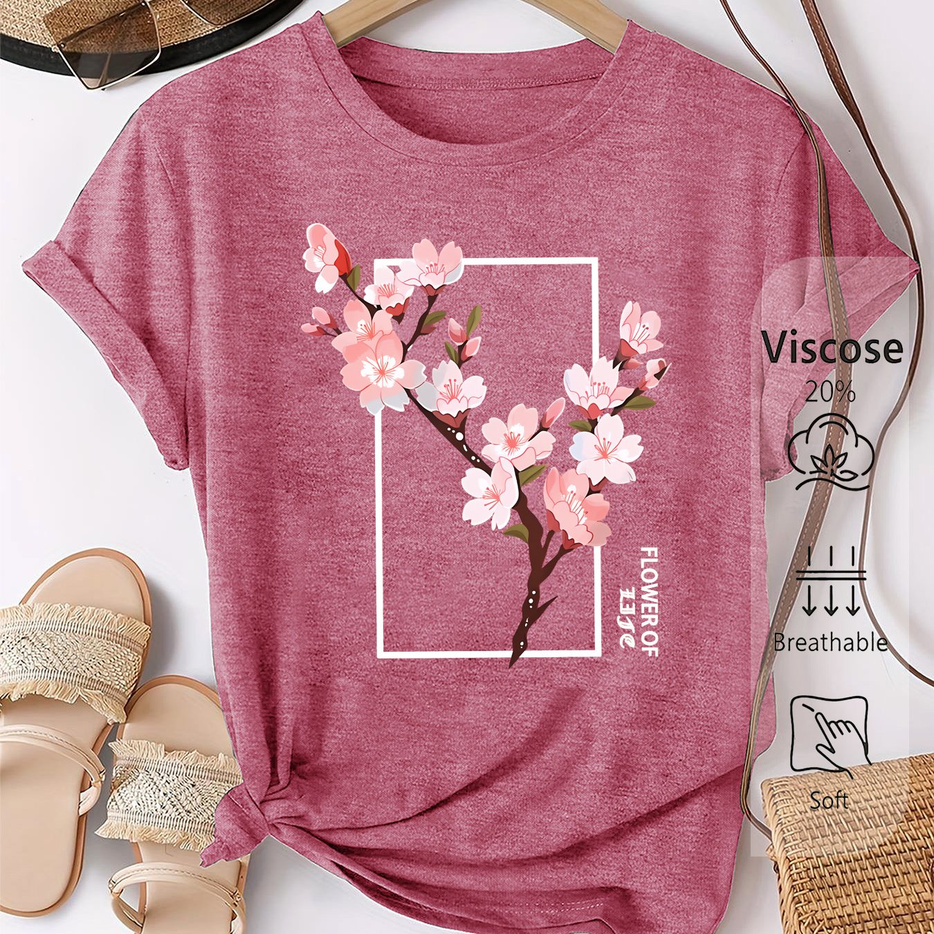 TEMU Women's Elegant Short-sleeve Cherry Branch Print Round Neck T-shirt, Comfortable, Soft, And Breathable, New Style, Fashionable And Simple,