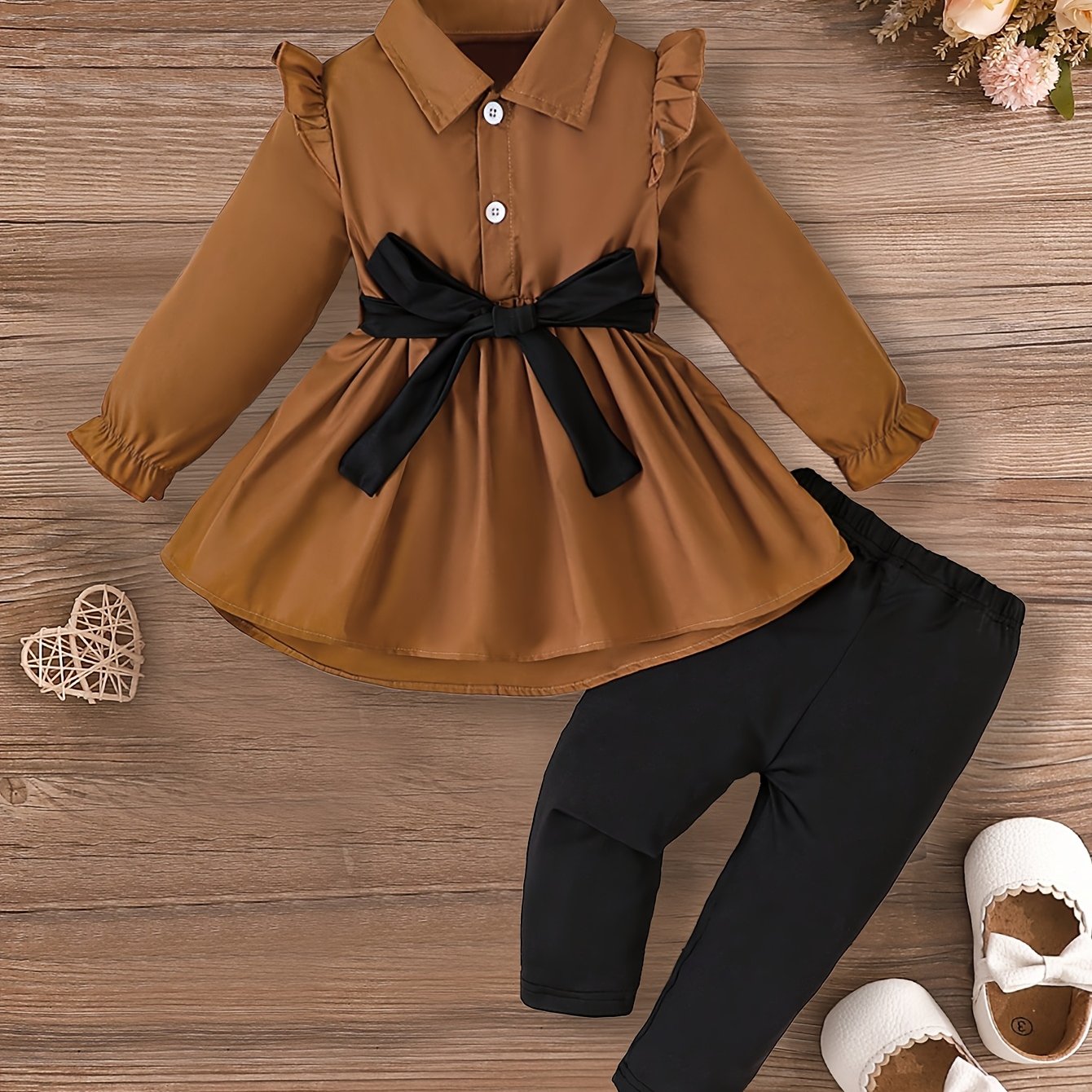 Image of 2pcs Set For Baby Girl | Autumn Deep Brown Collared Ruffle Sleeve Shirt With Black Belt And Black Pants | Cute Solid With Bow Detail, For Outdoor, Back To School