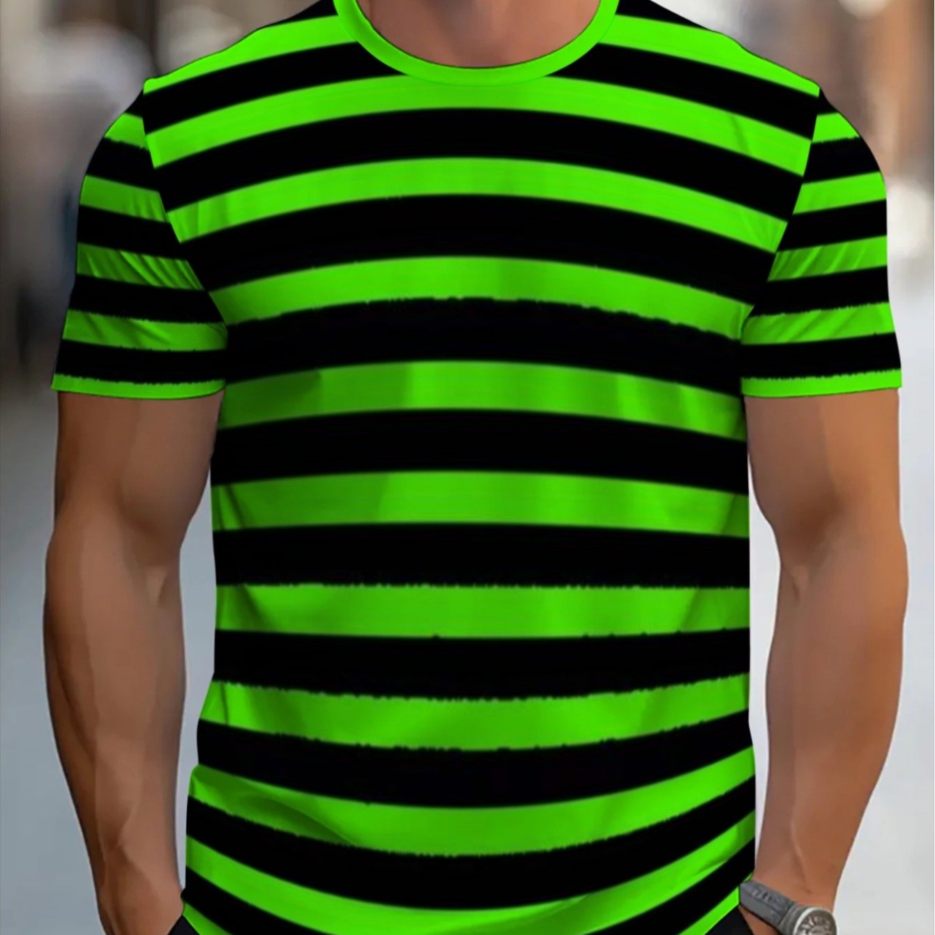 TEMU [print Design-nottextured] Green And Black Striped Men's Casual T-shirt, Slim Fit, Breathable Fabric, Suitable For Daily Wear Or Fitness