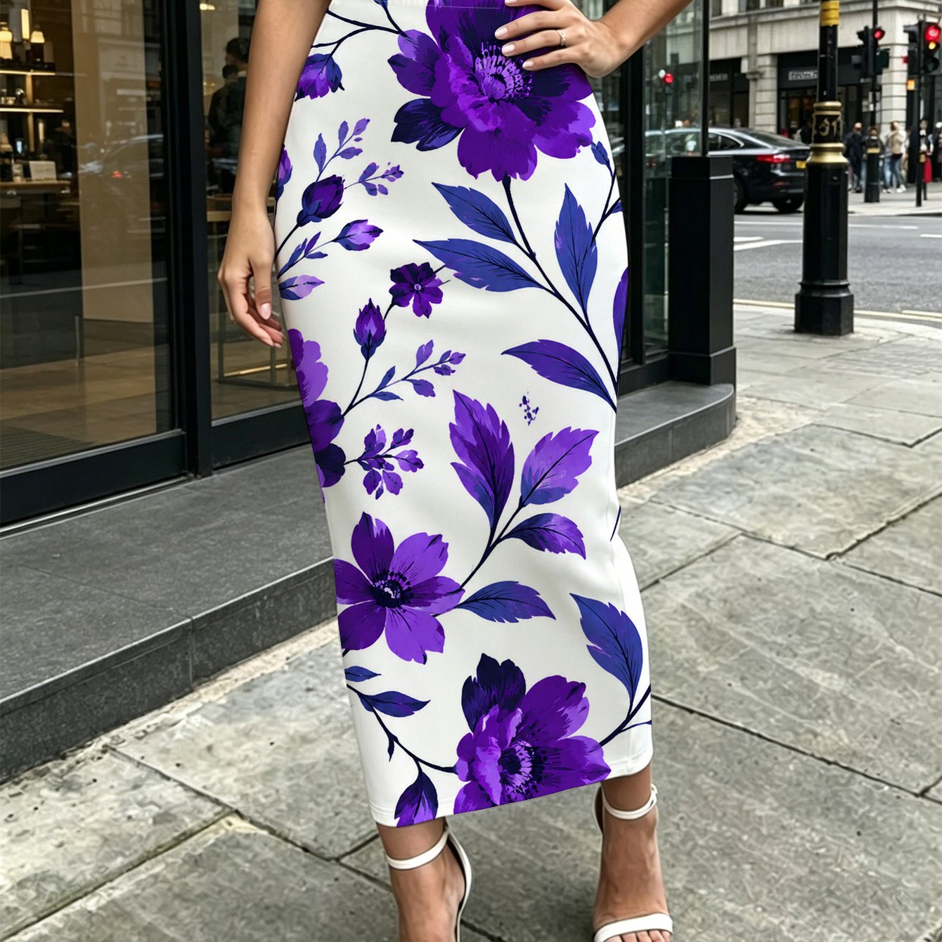 TEMU Elegant Purple Floral Women's Printed Mid-length Hip-hugging Skirt For Office, Beach, Park, Vacation, Dating, Party, And Casual Wear
