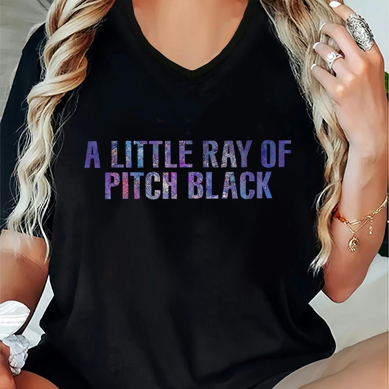 TEMU Plus Size, Women's Oversized V-neck T-shirt - Plus Size Pitch Black With "a Of Pitch Black" White Lettering - Soft 95% /5% Elastane - Casual