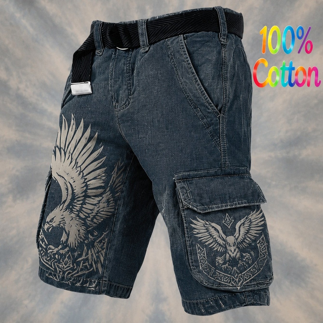 Image of 's Cargo Shorts Feature No Belt, An Eagle Print Design, And Are Suitable For Work And Casual Wear. Multiple Practical Pockets. Stylish Men's Trousers.