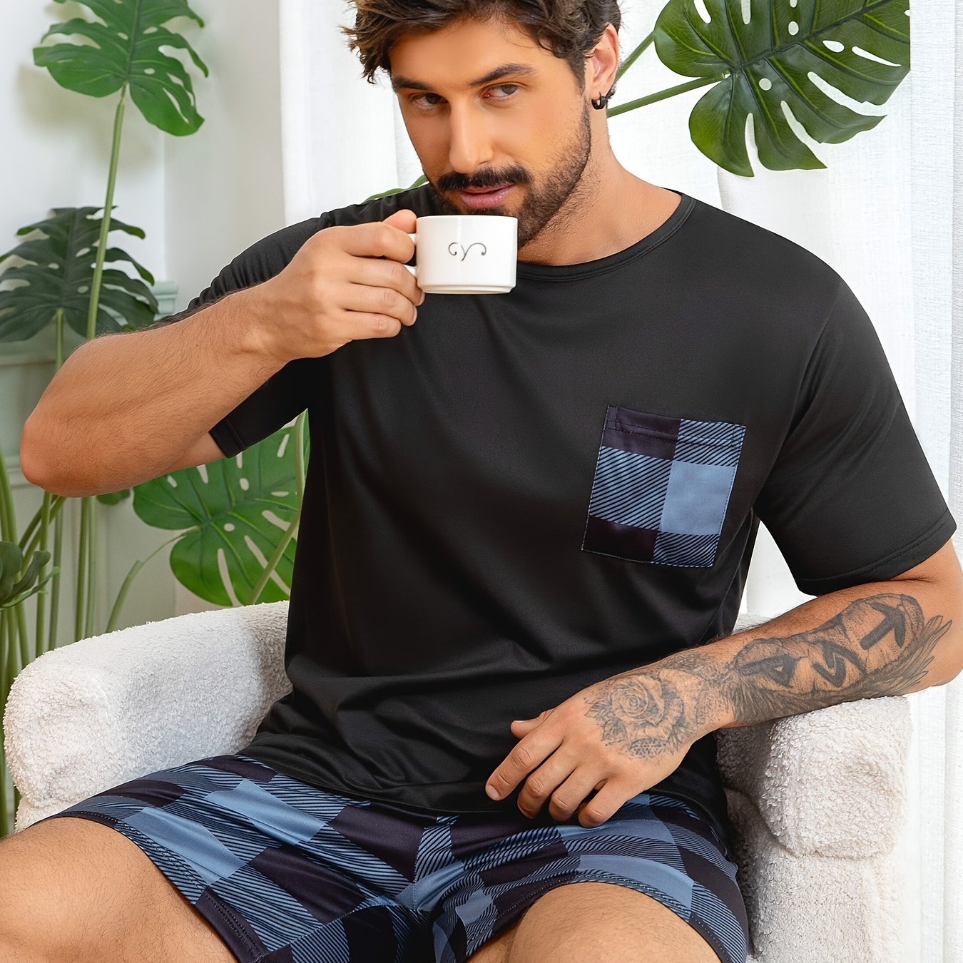 E-shop Herren Print Kurzarm Shorts Pyjama Set