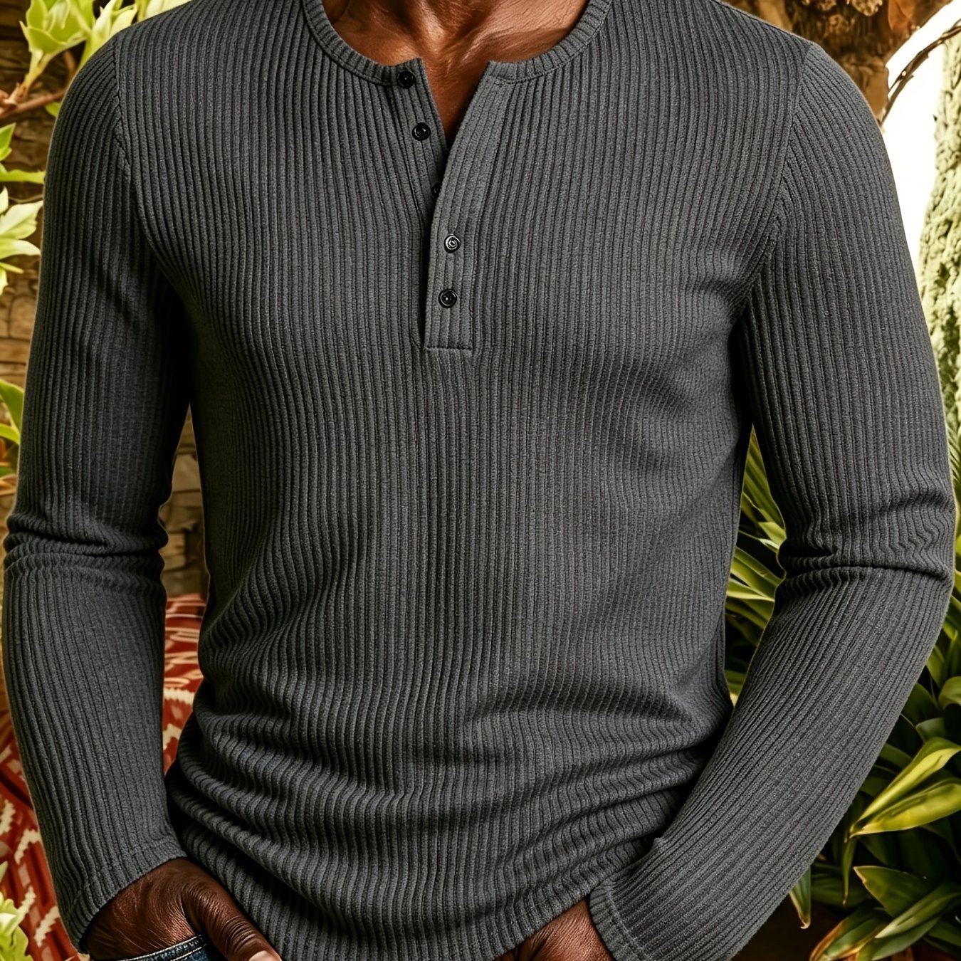 TEMU Camicia Henley a maniche lunghe da stile Old Money Slim Ribbed, top casual in maglia , T-shirt basic da a maniche lunghe con bottoni, maglia