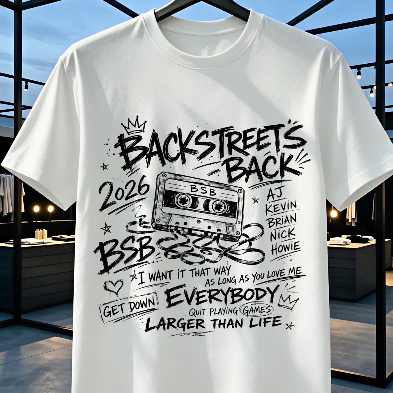 Image of Backstrees Back 2026 T-shirt Graffiti Cassette Sketch With Names And Classic Song Titles Retro Pop Fan Style Unisex T-shirt