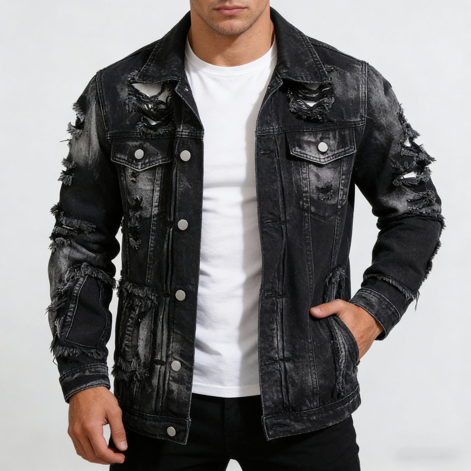 Hme-226 Men's Black-gray Distressed Large Ripped Denim Jacket High-street Retro Cargo Coat Streetwear Unique Washed Denim Top