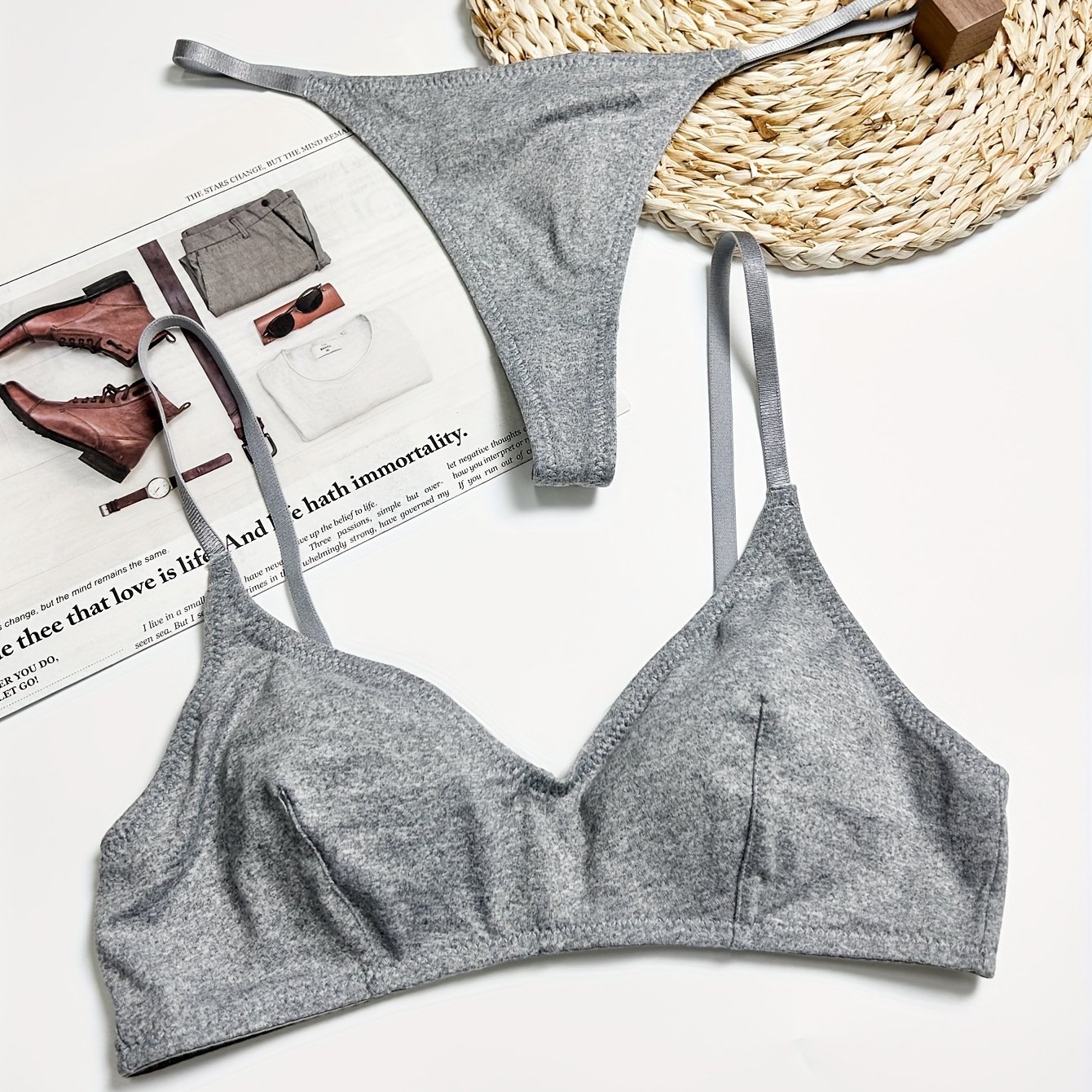 TEMU Fashionable And Sexy Light Gray Lingerie Set With Comfortable Wireless Triangle Cup Bra And Panties